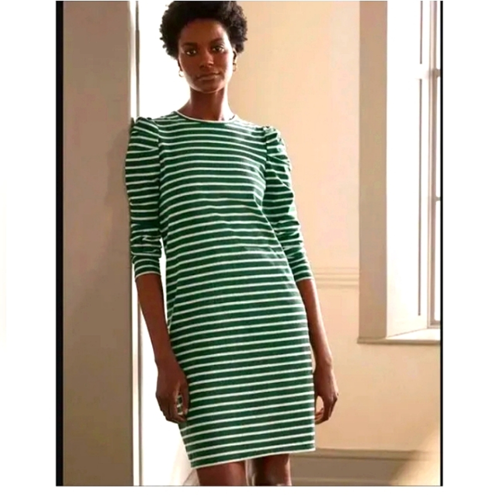 Boden Green and White Striped Long Sleeve Dress